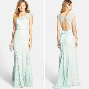 Sequin hearts embellished lace open back gown